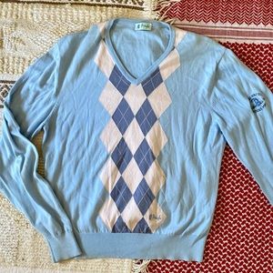 Vintage Pringle Golf Argyle V-Neck Sweater Lt Blue Sz XL